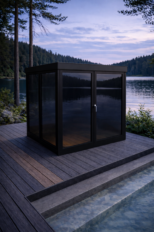 Lasisauna -  alumiinirunkoinen , moderni & säänkestävä musta