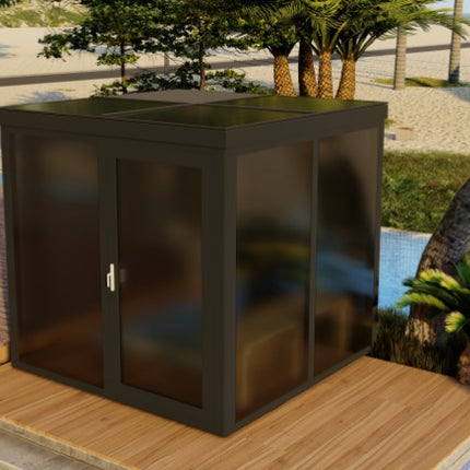 Alumiinirunkoinen Lasisauna – Moderni & Säänkestävä Musta