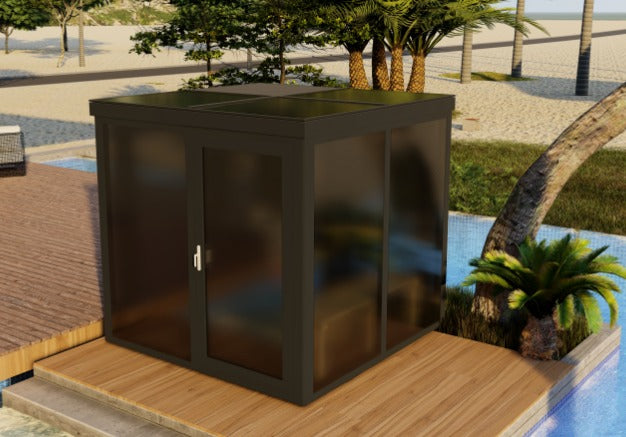 Alumiinirunkoinen Lasisauna – Moderni & Säänkestävä Musta